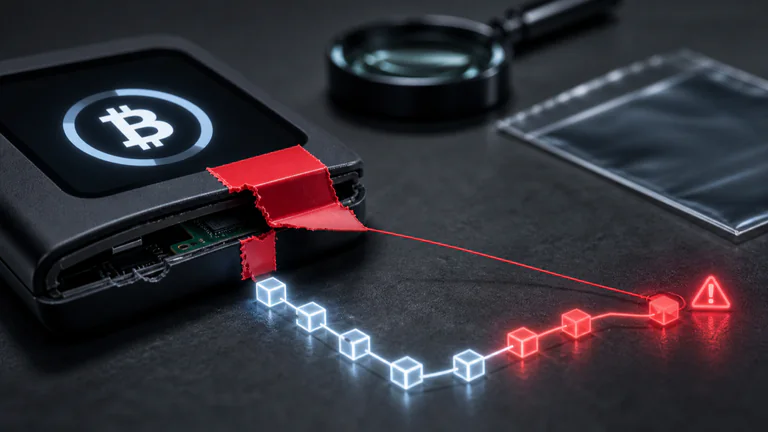 Editorial illustration: A tampered hardware wallet, broken security seal and traced Bitcoin outflow on a forensic bench, with a correct clean Bitcoin mark and no hacker cliché.